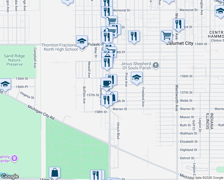 map of restaurants, bars, coffee shops, grocery stores, and more near 527 157th Street in Calumet City