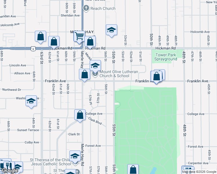 map of restaurants, bars, coffee shops, grocery stores, and more near 1800 56th Street in Des Moines
