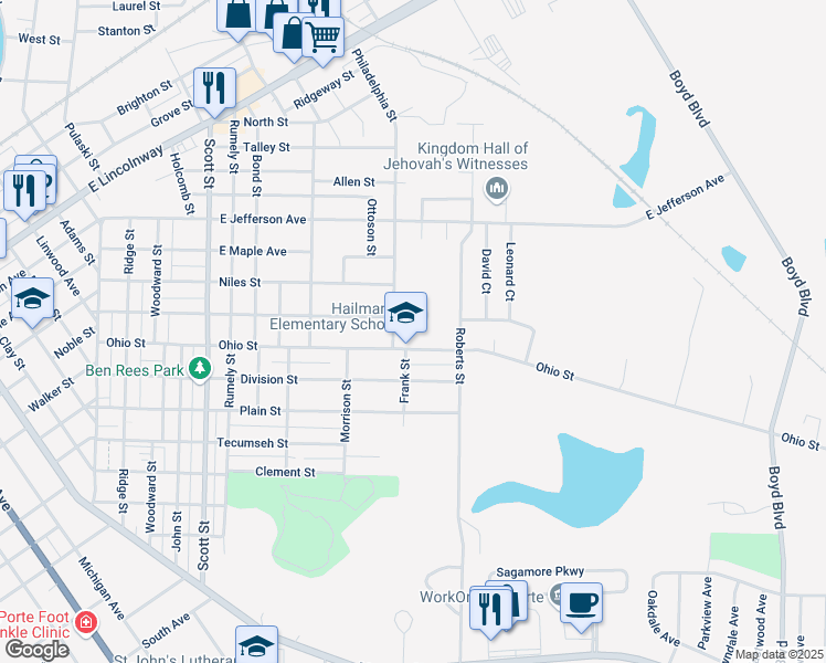 map of restaurants, bars, coffee shops, grocery stores, and more near 1001 Ohio Street in La Porte