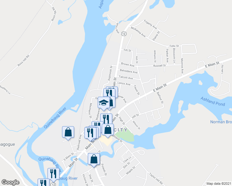 map of restaurants, bars, coffee shops, grocery stores, and more near 21 Phillips Street in Griswold