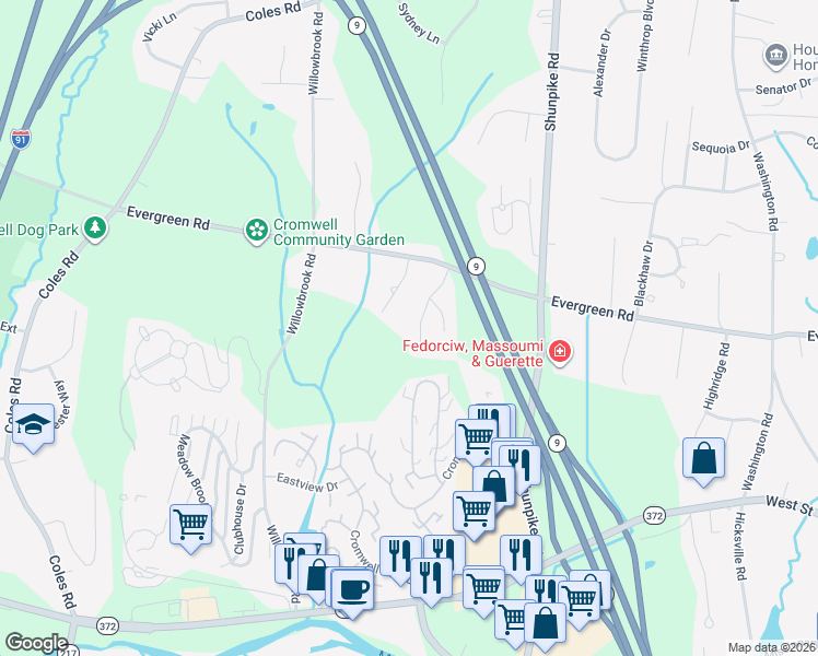 map of restaurants, bars, coffee shops, grocery stores, and more near 28 Cider Hill Drive in Cromwell