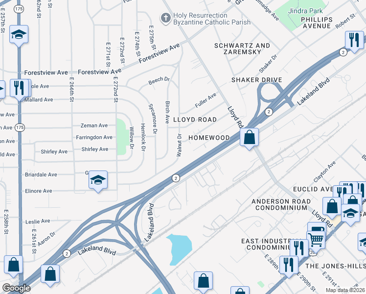 map of restaurants, bars, coffee shops, grocery stores, and more near 683 Walnut Drive in Euclid
