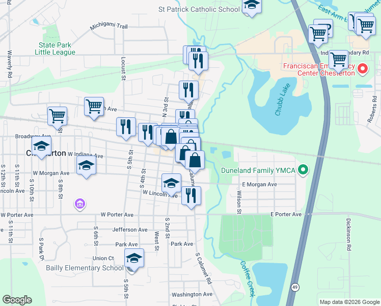 map of restaurants, bars, coffee shops, grocery stores, and more near 121 South Calumet Road in Chesterton