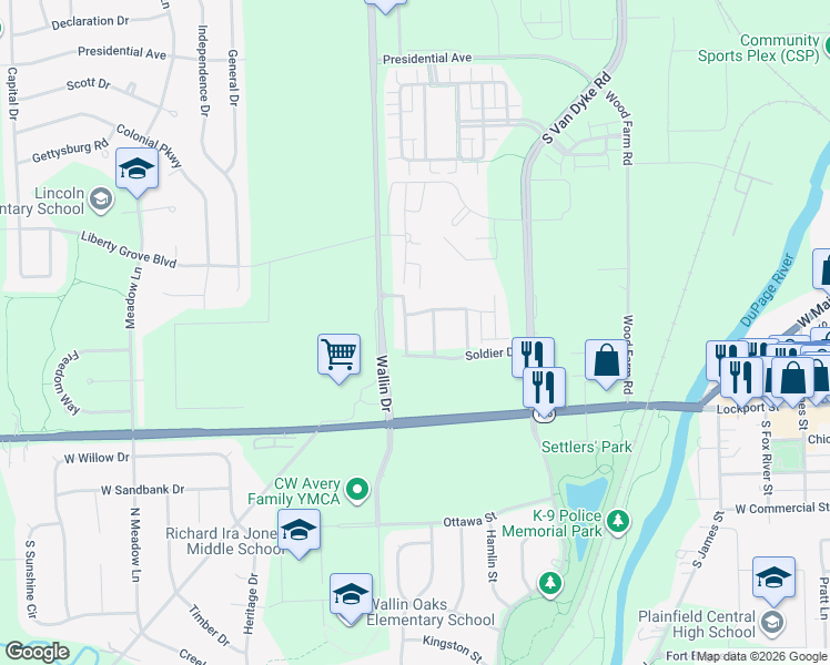 map of restaurants, bars, coffee shops, grocery stores, and more near 24708 Soldier Drive in Plainfield