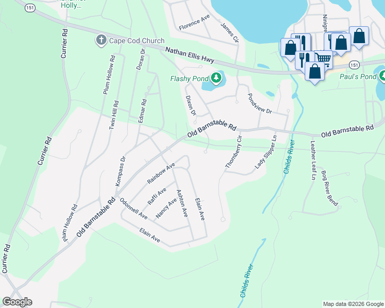 map of restaurants, bars, coffee shops, grocery stores, and more near 92 Rainbow Avenue in Falmouth