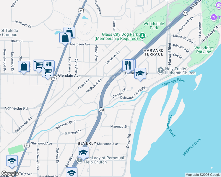 map of restaurants, bars, coffee shops, grocery stores, and more near 2141 Circular Road in Toledo