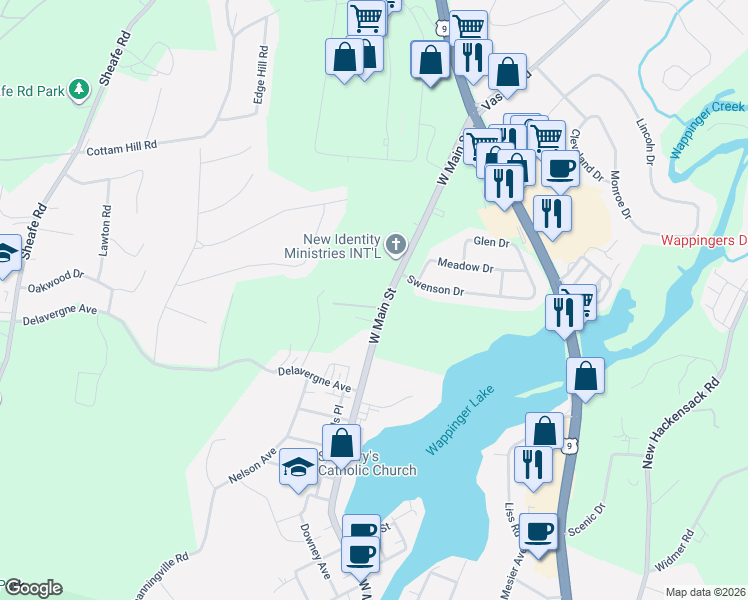 map of restaurants, bars, coffee shops, grocery stores, and more near 2 South Hills Way in Wappingers Falls