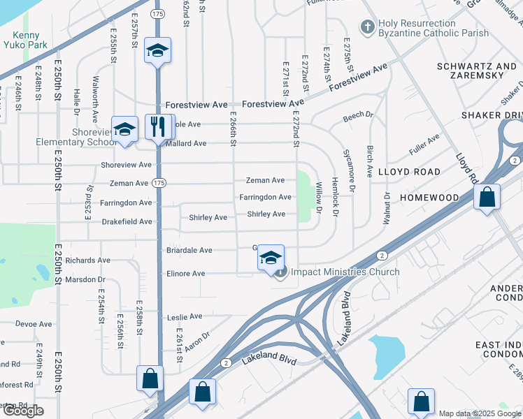 map of restaurants, bars, coffee shops, grocery stores, and more near 26951 Drakefield Avenue in Euclid