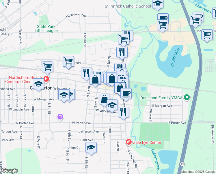 map of restaurants, bars, coffee shops, grocery stores, and more near 221 Broadway in Chesterton