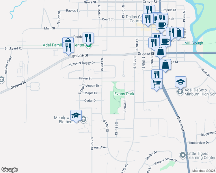 map of restaurants, bars, coffee shops, grocery stores, and more near 875 S 14th St in Adel