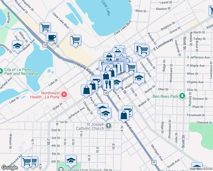 map of restaurants, bars, coffee shops, grocery stores, and more near 810 Lincolnway in La Porte