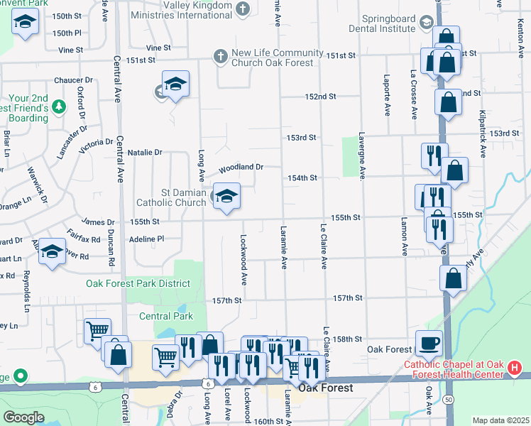 map of restaurants, bars, coffee shops, grocery stores, and more near 5209 155th Street in Oak Forest