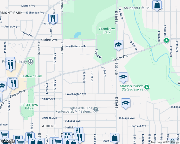 map of restaurants, bars, coffee shops, grocery stores, and more near 3111 Easton Boulevard in Des Moines