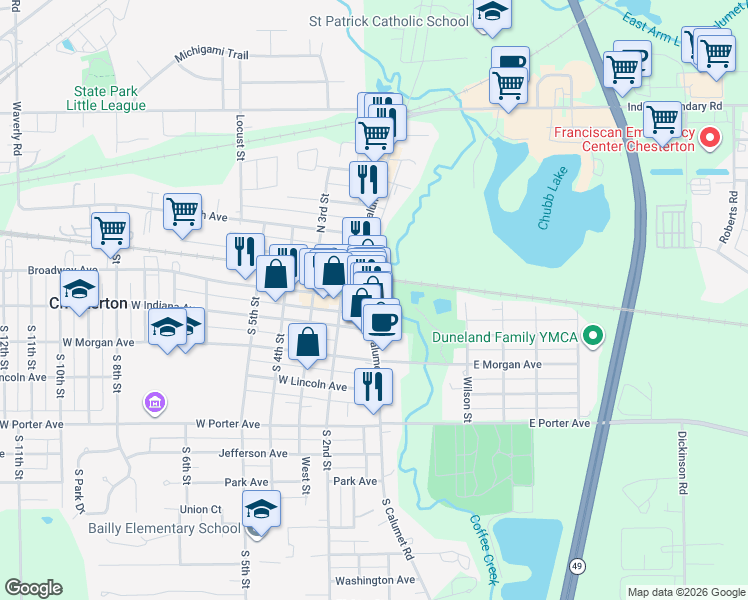 map of restaurants, bars, coffee shops, grocery stores, and more near 121 South Calumet Road in Chesterton