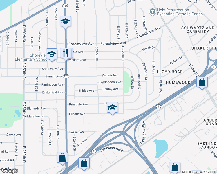 map of restaurants, bars, coffee shops, grocery stores, and more near 26951 Drakefield Avenue in Euclid