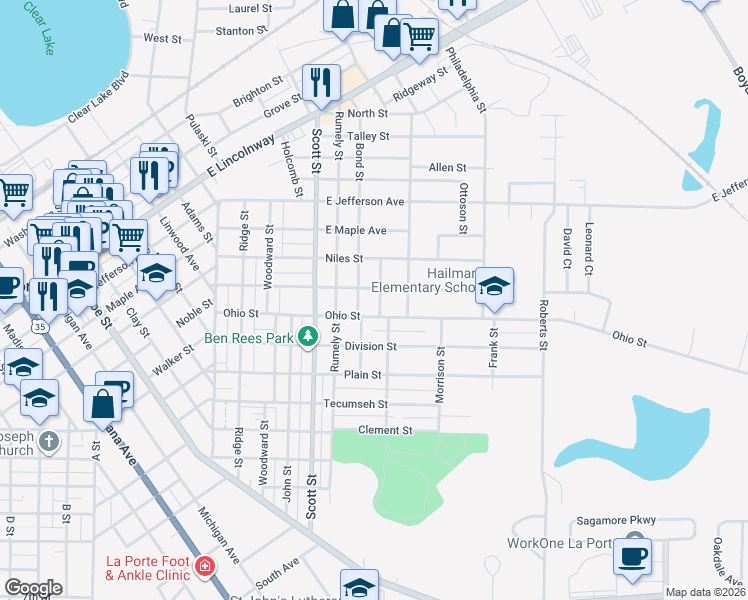 map of restaurants, bars, coffee shops, grocery stores, and more near 704 Ohio Street in La Porte