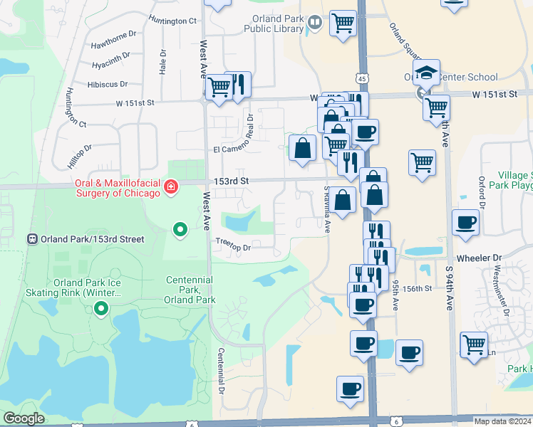 map of restaurants, bars, coffee shops, grocery stores, and more near 9826 Treetop Drive in Orland Park