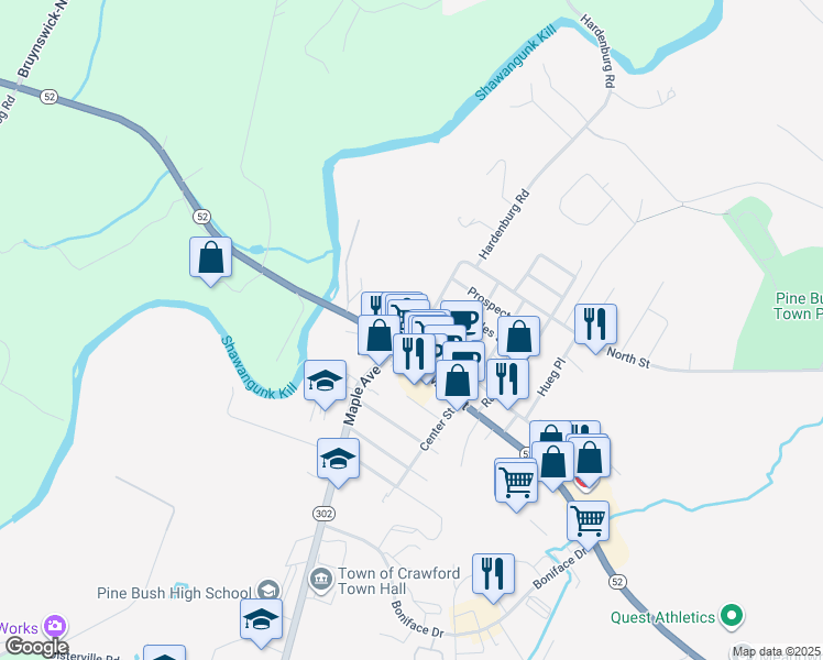 map of restaurants, bars, coffee shops, grocery stores, and more near 215 Maple Avenue in Pine Bush