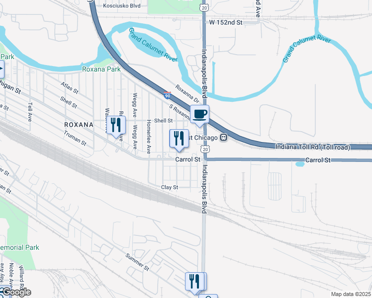 map of restaurants, bars, coffee shops, grocery stores, and more near Carroll Street in East Chicago