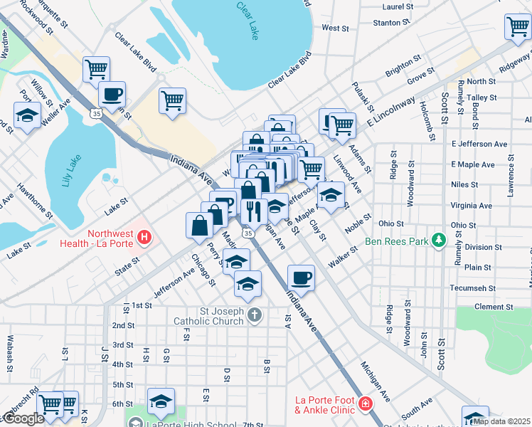 map of restaurants, bars, coffee shops, grocery stores, and more near 810 Jefferson Avenue in La Porte