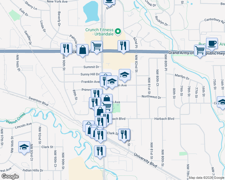 map of restaurants, bars, coffee shops, grocery stores, and more near 8509 Alice Avenue in Clive
