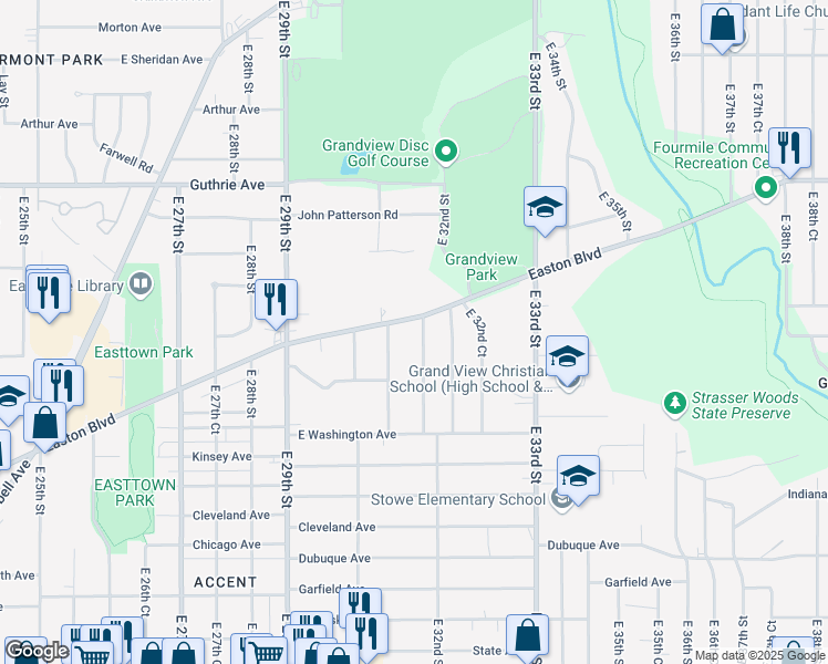 map of restaurants, bars, coffee shops, grocery stores, and more near 3111 Easton Boulevard in Des Moines