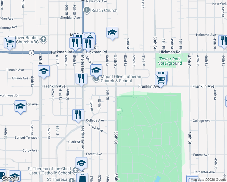 map of restaurants, bars, coffee shops, grocery stores, and more near 1730 55th Street in Des Moines