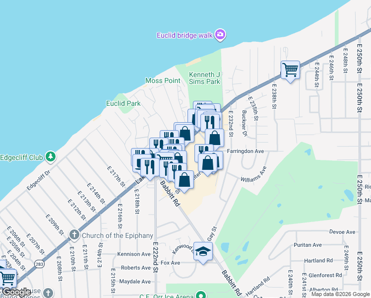 map of restaurants, bars, coffee shops, grocery stores, and more near 22382 Lakeshore Boulevard in Euclid