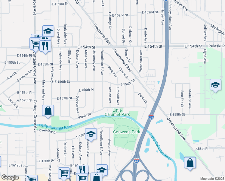 map of restaurants, bars, coffee shops, grocery stores, and more near 1260 East 156th Street in South Holland