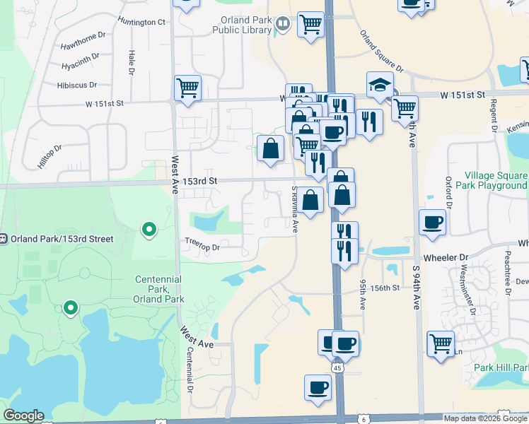 map of restaurants, bars, coffee shops, grocery stores, and more near 15310 Wilshire Drive in Orland Park