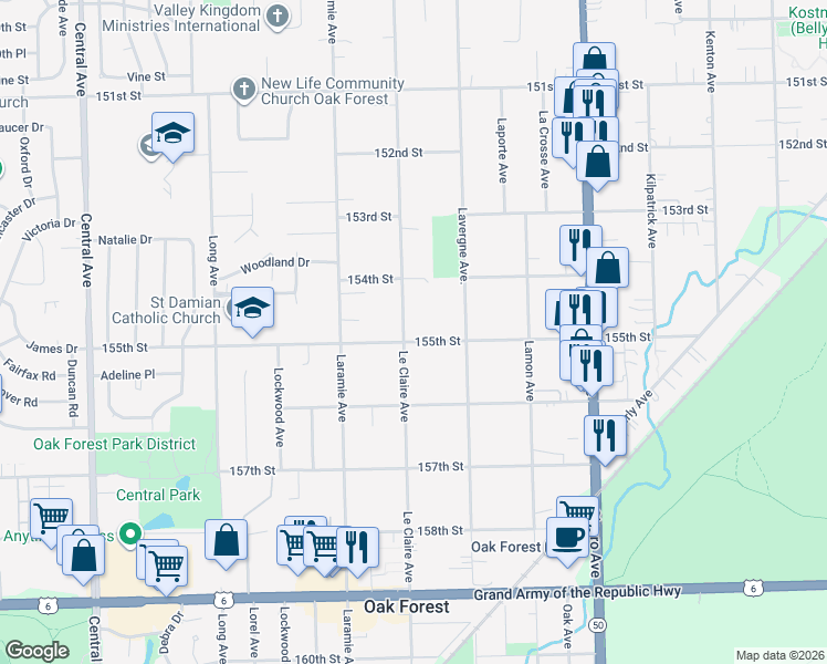 map of restaurants, bars, coffee shops, grocery stores, and more near 15439 Le Claire Avenue in Oak Forest