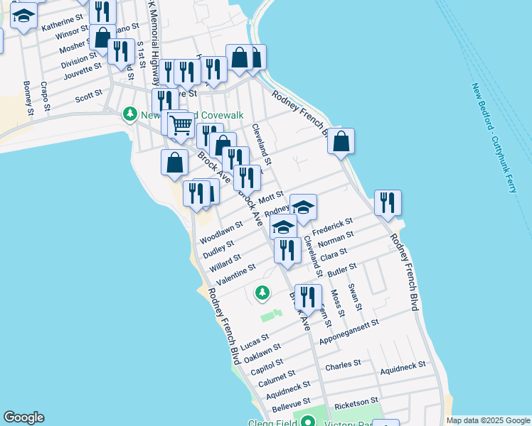 map of restaurants, bars, coffee shops, grocery stores, and more near 110 Mott Street in New Bedford