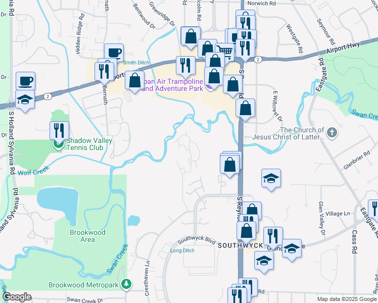 map of restaurants, bars, coffee shops, grocery stores, and more near 1600-1698 Creek Run in Toledo