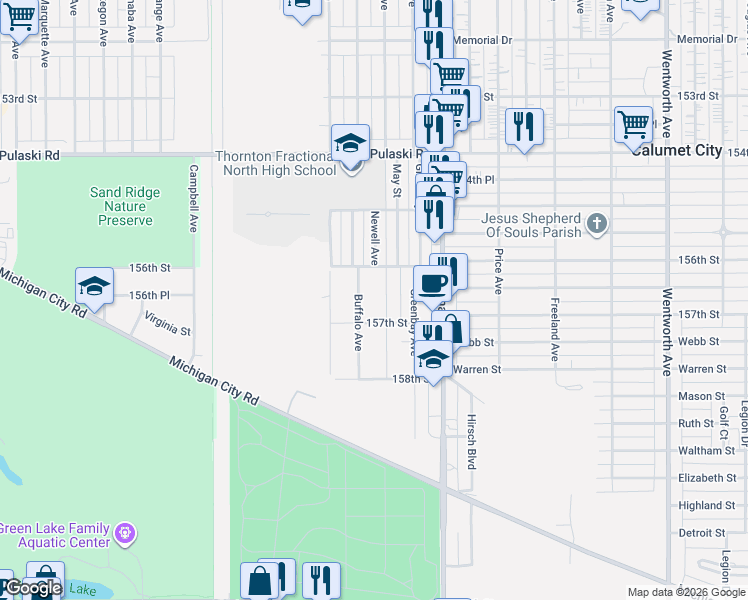 map of restaurants, bars, coffee shops, grocery stores, and more near 783 Buffalo Avenue in Calumet City