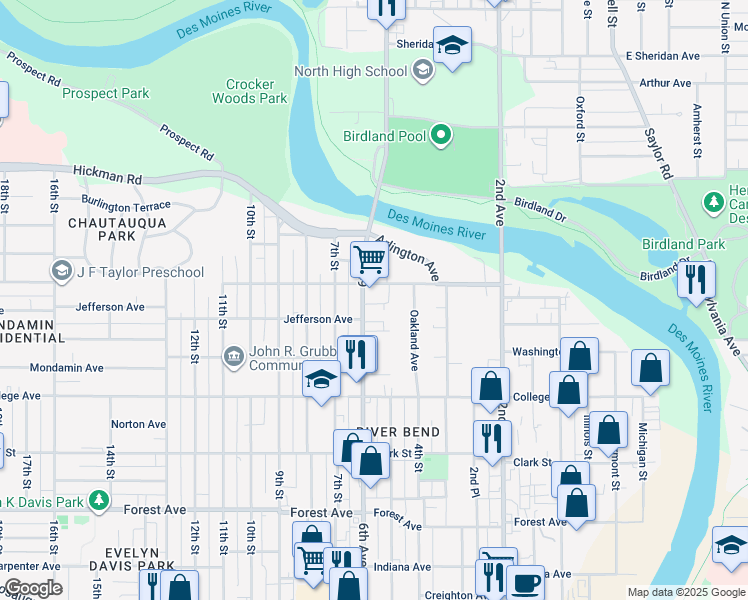 map of restaurants, bars, coffee shops, grocery stores, and more near in Des Moines