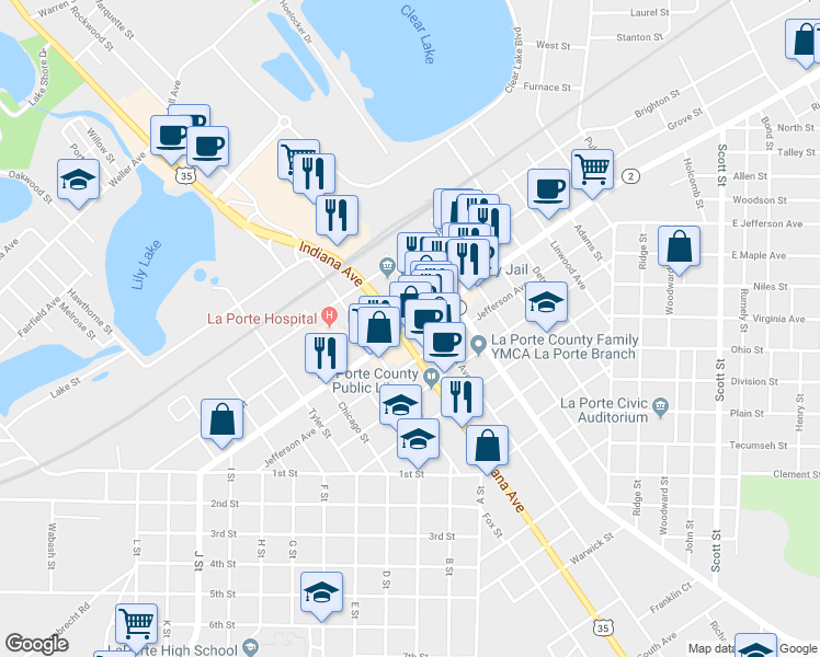 map of restaurants, bars, coffee shops, grocery stores, and more near 814 Lincolnway in La Porte