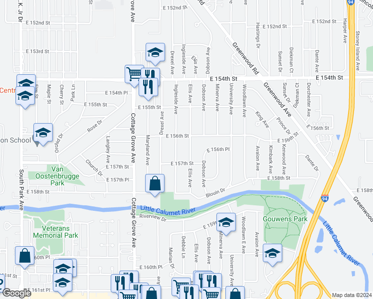 map of restaurants, bars, coffee shops, grocery stores, and more near 15624 Ellis Avenue in Dolton