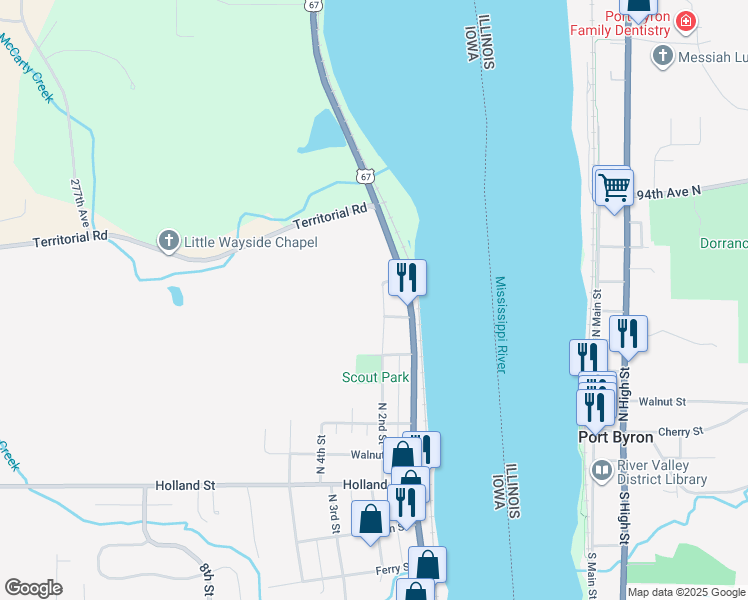 map of restaurants, bars, coffee shops, grocery stores, and more near 1220 North 2nd Street in Le Claire