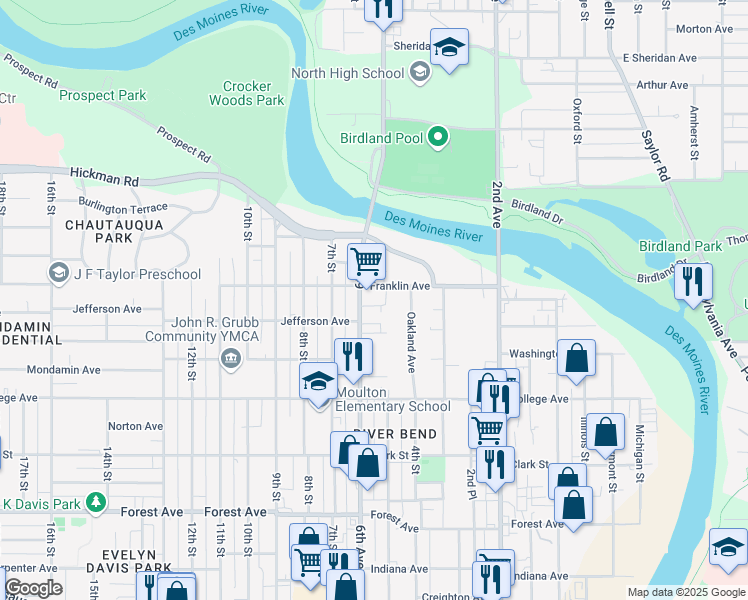 map of restaurants, bars, coffee shops, grocery stores, and more near 1815 6th Avenue in Des Moines
