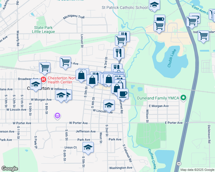 map of restaurants, bars, coffee shops, grocery stores, and more near 211 Broadway in Chesterton