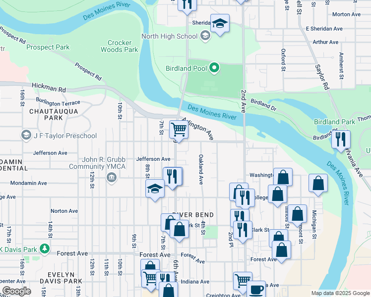 map of restaurants, bars, coffee shops, grocery stores, and more near 1815 6th Avenue in Des Moines