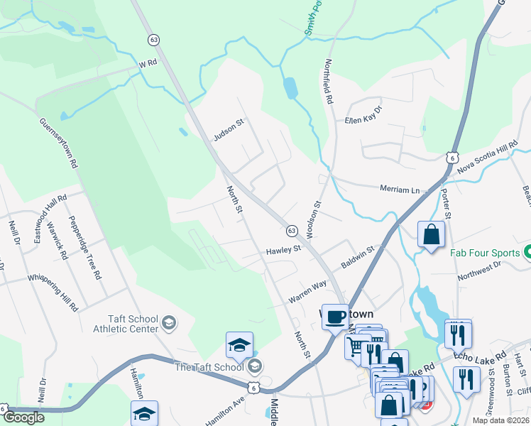 map of restaurants, bars, coffee shops, grocery stores, and more near 102 Litchfield Road in Watertown
