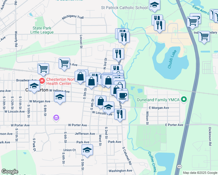 map of restaurants, bars, coffee shops, grocery stores, and more near 220 Broadway in Chesterton