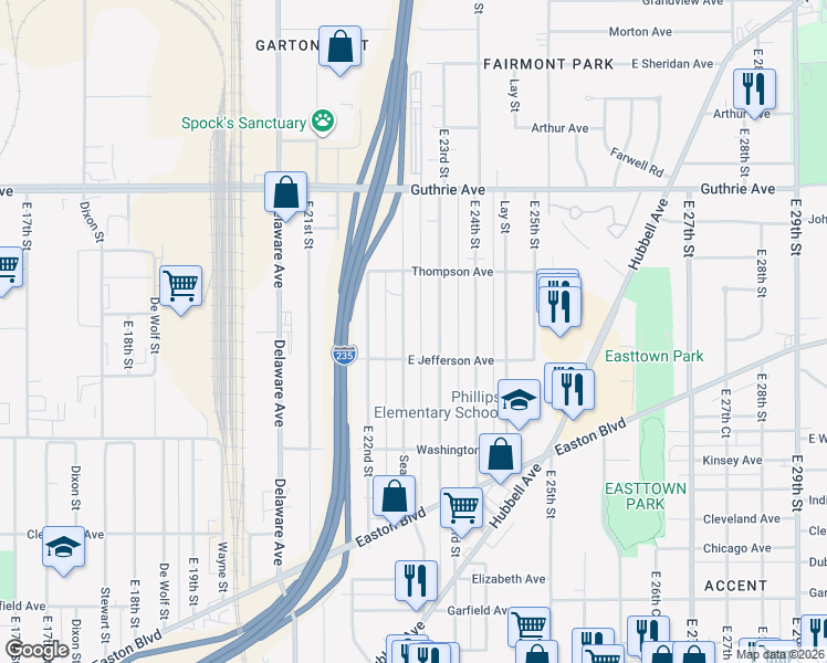 map of restaurants, bars, coffee shops, grocery stores, and more near 1913 Searle Street in Des Moines