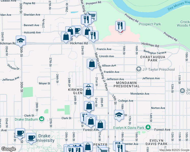 map of restaurants, bars, coffee shops, grocery stores, and more near 1909 22nd Street in Des Moines