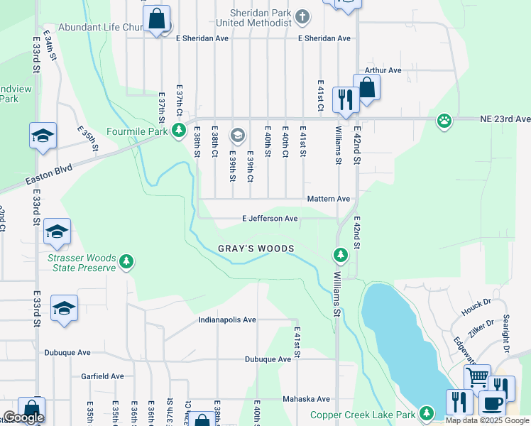 map of restaurants, bars, coffee shops, grocery stores, and more near 4019 Mattern Avenue in Des Moines