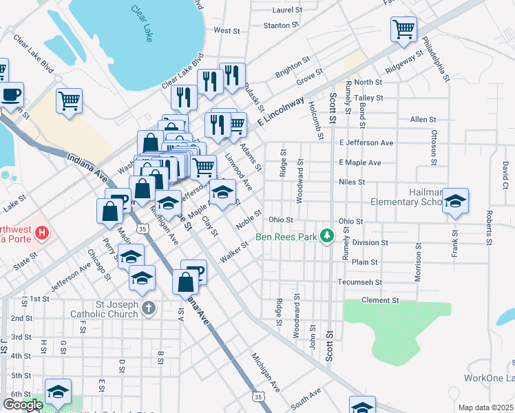 map of restaurants, bars, coffee shops, grocery stores, and more near 201 Harrison Street in La Porte