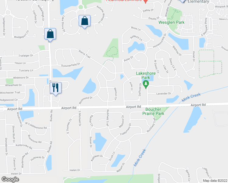 map of restaurants, bars, coffee shops, grocery stores, and more near 364 Reston Circle in Romeoville