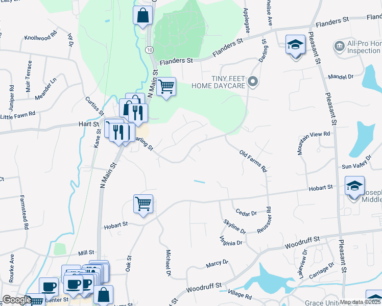 map of restaurants, bars, coffee shops, grocery stores, and more near 32 Darling Street in Southington