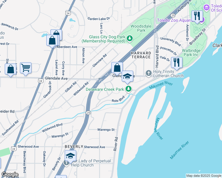 map of restaurants, bars, coffee shops, grocery stores, and more near 1610 Circular Road in Toledo
